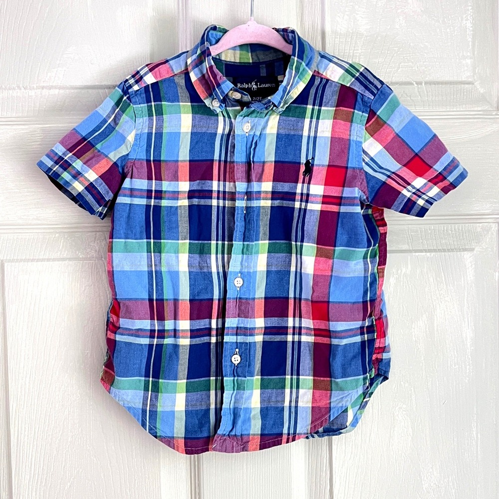 Ralph Lauren Plaid Button Down 2T Boys Short Sleeve Madras Blue Red Preppy